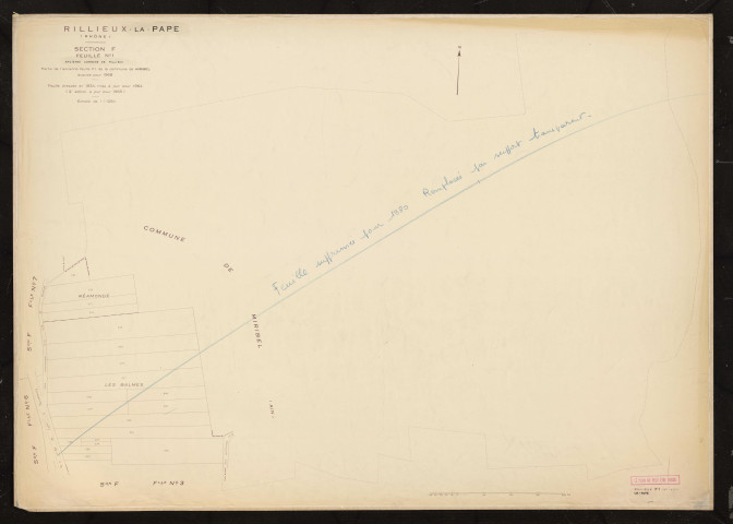 Section F feuille n°1 (partie de l'ancienne feuille F1 de la commune de Miribel acquise pour 1968). Feuille dressée en 1834, mise à jour pour 1964. 2e édition à jour pour 1968. Feuille supprimée pour 1980.
