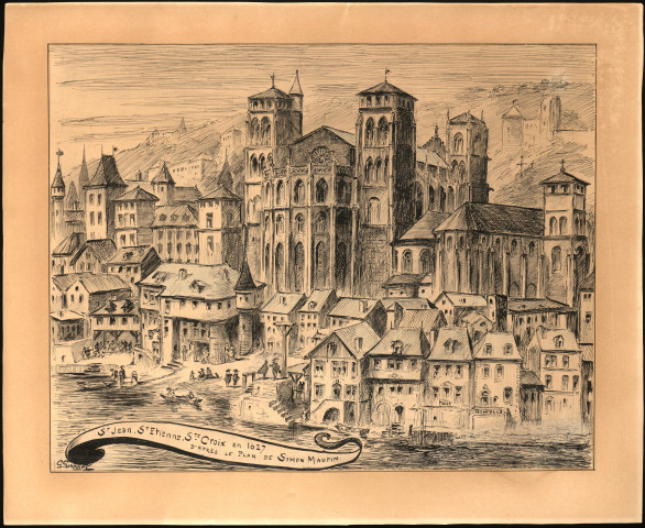 Vue de la cathédrale Saint-Jean et des églises Saint-Etienne et Sainte-Croix en 1627 d'après le plan de Simon Maupin par Gustave Girrane.