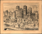Vue de la cathédrale Saint-Jean et des églises Saint-Etienne et Sainte-Croix en 1627 d'après le plan de Simon Maupin par Gustave Girrane.