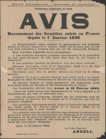 "Avis. Recensement des Israélites entrés en France depuis le 1er janvier 1936".