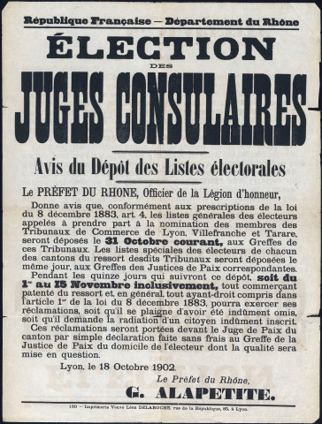 Election des juges consulaires. Avis du dépôt des listes électorales (18 octobre 1902).