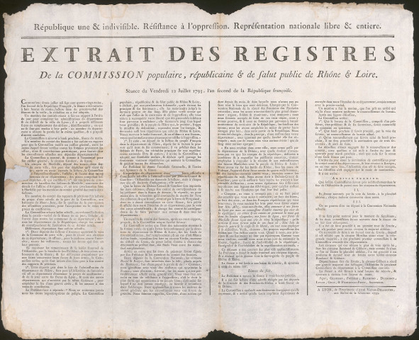 Extrait des registres de la Commission populaire, républicaine et de salut public de Rhône et Loire, le 12 juillet 1793, l'An second de la République française.