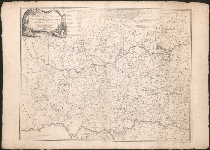 Gouvernement général des provinces du Lyonnais, Forez et Beaujolais qui comprend la Généralité de Lyon divisée par ses cinq élections.