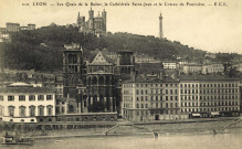 Lyon. Les quais de la Saône, la cathédrale Saint-Jean et le coteau de Fourvière.