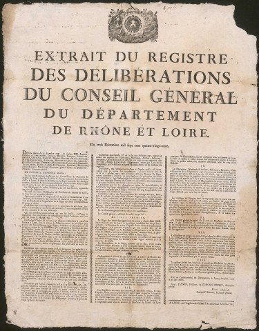 Extrait du registre des délibérations du conseil général du département de Rhône et Loire.