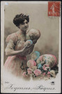Jeune femme avec 5 œufs et un bouquet de roses.