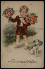 Garçonnet portant des bouquets de fleurs et une enveloppe en compagnie d'un petit Fox-terrier.