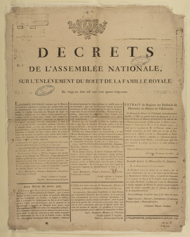 Décrets de l'Assemblée nationale sur l'enlèvement du roi et de la famille royale du 21 juin 1791.