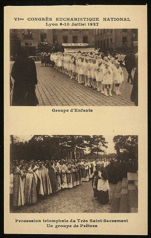 Groupe d'enfant et procession triomphale du Très-Saint-Sacrement - un groupe de prêtre.