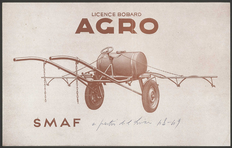 Pulvérisateur à traction animale de la société de mécanique agricole française (SMAF) - Lyon.