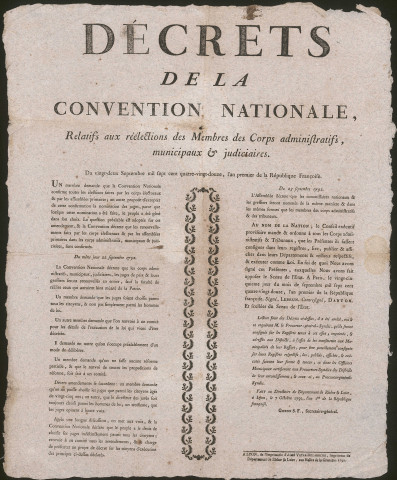 Décret de la Convention nationale du 22 septembre 1792, l'An premier de la République française, relatif aux réélections des membres des corps administratifs, municipaux et judiciaires.