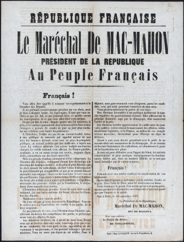 Le maréchal de Mac-Mahon, président de la République, au peuple français (19 septembre 1877).