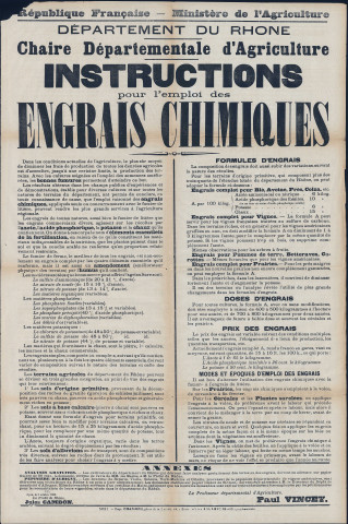 Chaire départementale d'agriculture. Instructions pour l'emploi des engrais chimiques (2 octobre 1888).