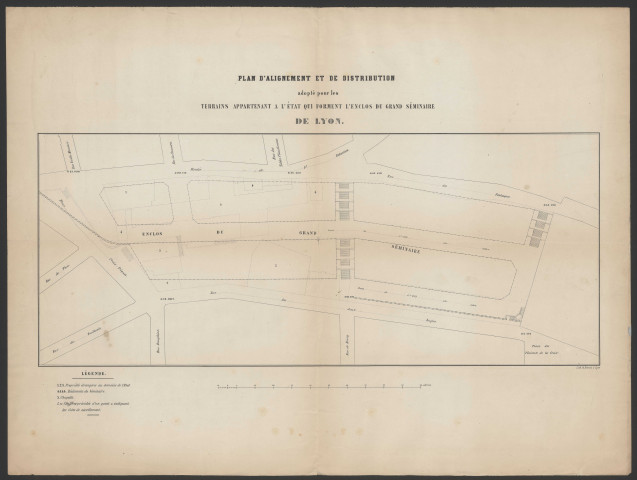 Lyon, vente d'une maison rue des Deux Angles (ancienne rue Victor Arnaud) : plan d'alignement et de distribution adopté pour les terrains appartenant à l'Etat qui forment l'enclos du grand séminaire.