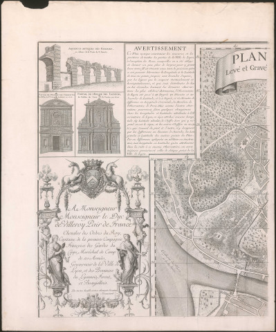 Plan géométral de la ville de Lyon levé et gravé par Claude Séraucourt, vérifié et orienté par le R.P. Grégoire de Lyon, religieux du Tiers-Ordre de Saint-François, en 1735, augmenté et rectifié en 1740.