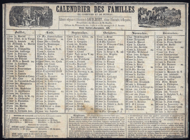 Calendrier des familles de comptoir et de bureau 1841.