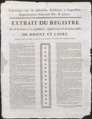 Extrait du registre de la Commission populaire, républicaine et de salut public de Rhône et Loire, le 11 juillet 1793, l'An second de la République française.