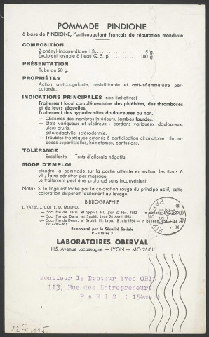 Pommade Pindione des laboratoires Oberval - Lyon.