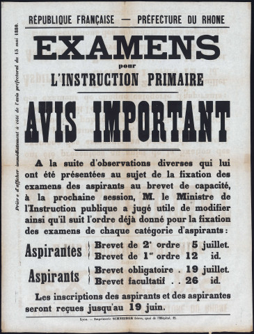 Examens pour l'instruction primaire. Avis important.