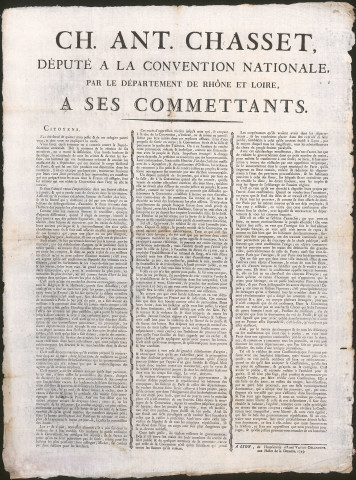 Ch. Ant. Chasset, député à la Convention nationale, par le Département de Rhône et Loire, à ses commenttants.