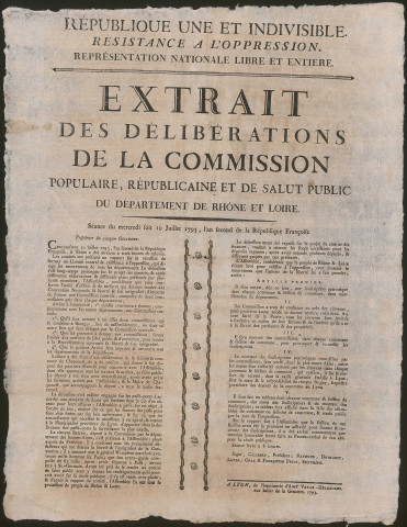 Extrait des délibérations de la Commission populaire, républicaine et de salut public du département de Rhône et Loire.