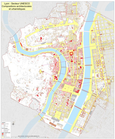 Plan des compositions architecturales et urbanistiques à Lyon.