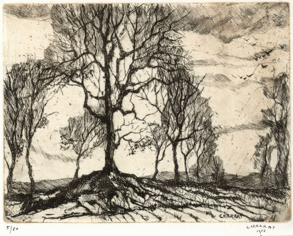Représentation d'un village et d'un chemin bordé d'arbres par Louis Charrat, peintre lyonnais.