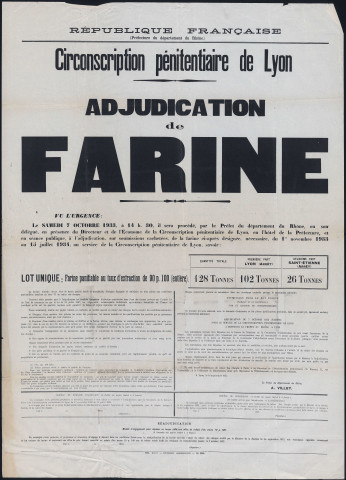 Circonscription pénitentiaire de Lyon. Adjudication de farine (16 septembre 1933).