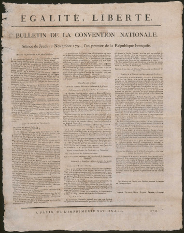 Bulletin de la Convention nationale - séance du 15 novembre 1792, l'An premier de la République française.