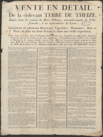 Vente en détail de la ci-devant terre de Theizé (mars-mai 1810).