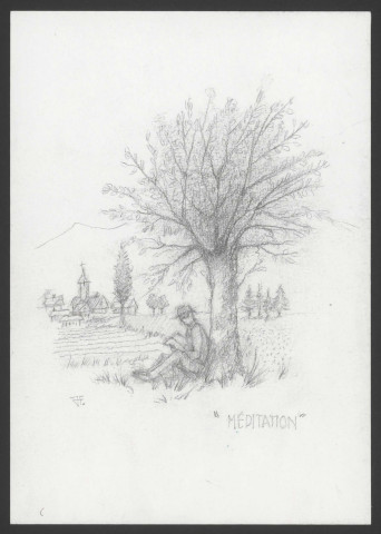 Homme lisant au pied d'un arbre.