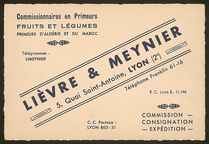 Commissionnaires en primeurs, fruits et légumes Lièvre et Meynier - Lyon.