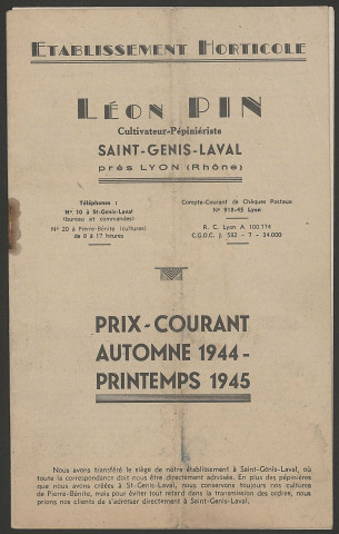 Établissement horticole Léon Pin, cultivateur-pépiniériste - Saint-Genis-Laval.