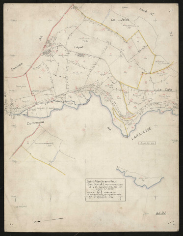 Verso : section AL partie Nord-Ouest : parcelles n° 1-37, 142-149, 152-155. Levé effectué du 12 décembre 1953 au 20 janvier 1954 : planchette n° 4 J.