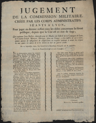 Jugement de la commission militaire créée par les corps administratifs séants à Lyon [condamnation de Jean Basson et Charles-Joseph Marque].
