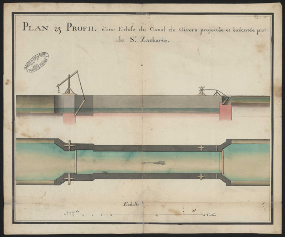 Plan et profil d'une écluse du canal de Givors, projetée et exécutée par le sieur Zacharie.
