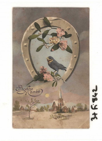 Paysage enneigé, avec des roses, un fer à cheval et un oiseau bleu.