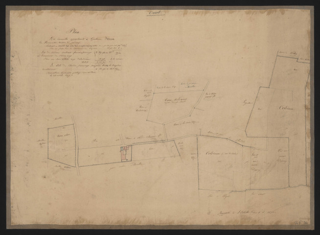 Plan des immeubles appartenant à Guillaume Jarroux, territoire de Pré-Neuf (avril 1857).