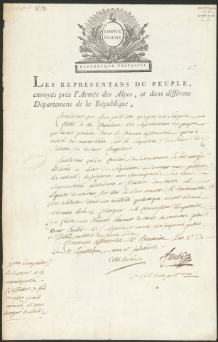 Affiche annonçant la remise sous sequestre de tous les biens des rebelles, signée Fouché et Collot d'Herbois, 20 brumaire an II.