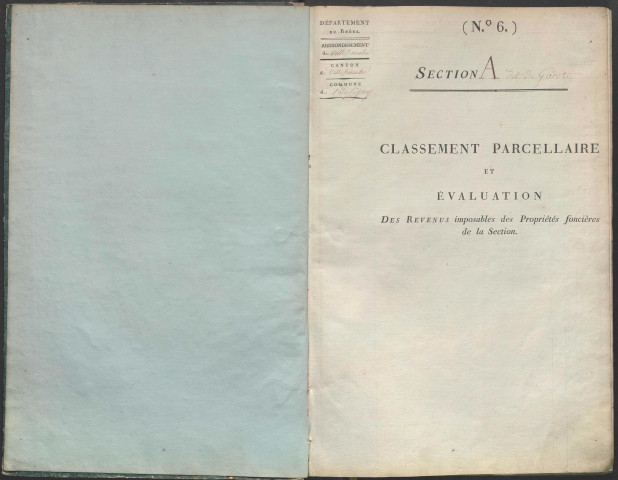 État de sections des propriétés non bâties et bâties : section A dite du Garet, section B dite du Pontbichet, section C dite de Billefort, section D dite de Bourdelan, section E dite des Sablonnières. Matrice de rôle des propriétés non bâties (30 avril 1807).