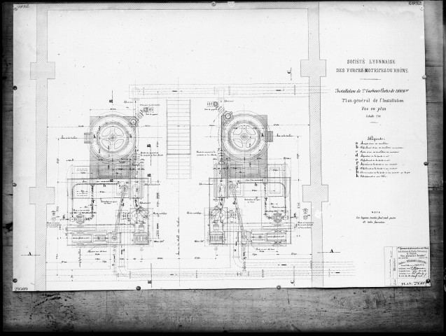 Canal de Jonage : usine à vapeur, plan général de l'installation de deux turbines Curtis de 1100KW chacune.