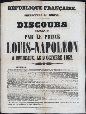 Discours prononcé par le prince Louis-Napoléon à Bordeaux le 9 octobre 1852.
