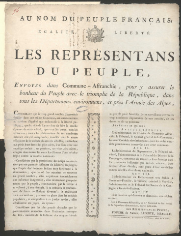 Les représentants du Peuple, envoyés dans la Commune-Affranchie, pour y assurer le bonheur du Peuple avec le triomphe de la République, dans tous les départements environnants, et près l'Armée des Alpes (2 Germinal an II).