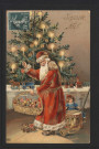 Père Noël devant un sapin illuminé.