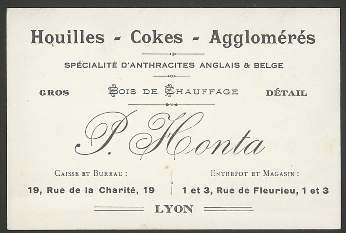 Houilles, cokes, agglomérés P. Honta - Lyon.