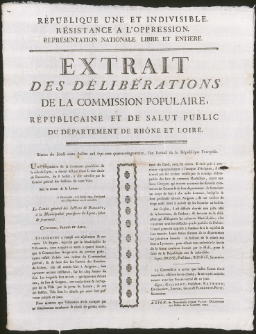 Extrait des délibérations de la Commission populaire, républicaine et de salut public du Département de Rhône et Loire, le 11 juillet 1793, l'An second de la République française.