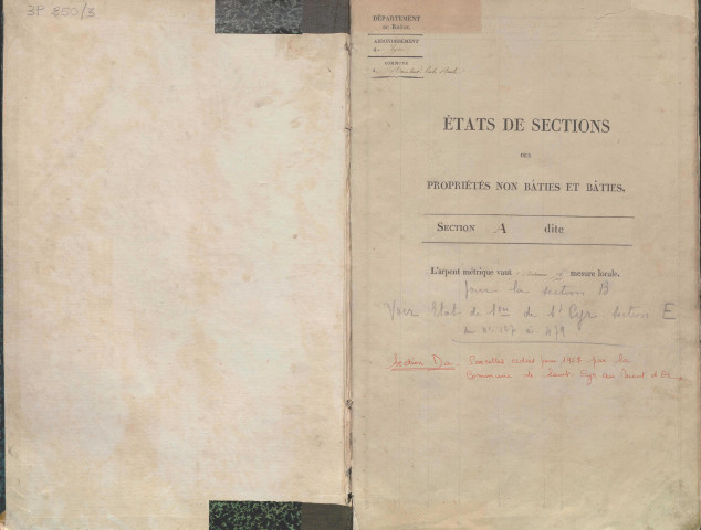 État de sections des propriétés non bâties et bâties.