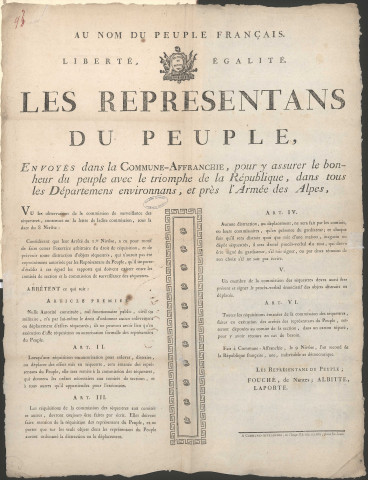 Les représentants du Peuple, envoyés dans la Commune-Affranchie, pour y assurer le bonheur du Peuple avec le triomphe de la République, dans tous les départements environnants, et près l'Armée des Alpes (9 Nivôse an II).