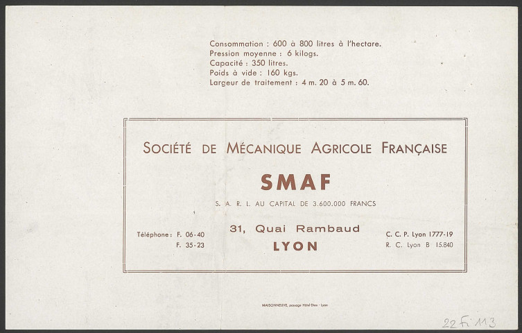 Pulvérisateur à traction animale de la société de mécanique agricole française (SMAF) - Lyon.