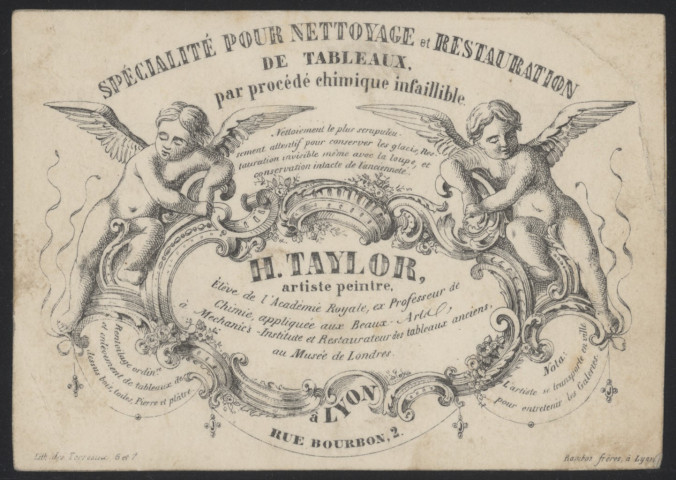 Spécialité pour nettoyage et restauration de tableaux par procédé chimique infaillible H. Taylor, artiste peintre - Lyon.
